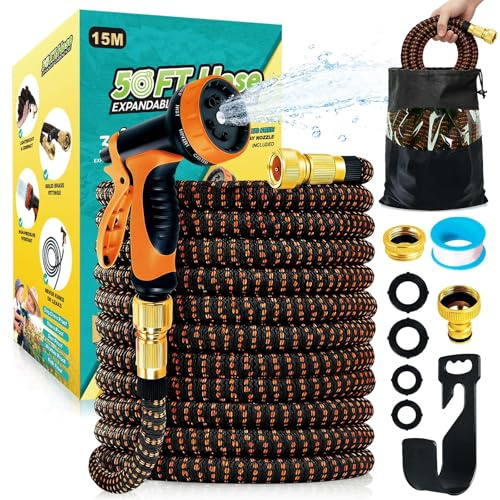 Flexibler Gartenschlauch 15M, Dehnbarer Gartenschlauch mit 10-Funktions-Düse, Wasserschlauch flexibel mit 4-Lagen Latex & 3750D Gewebe, Knickfrei & Leicht für Garten & Auto,Orange