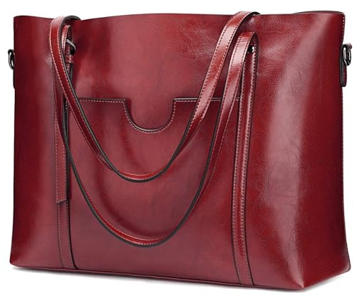 S-ZONE Women's Vintage 3-Way Genuine Leather Tote Shoulder Bag Handbag Fashion Handbag Messenger Bag (Wine red)(Size:L)