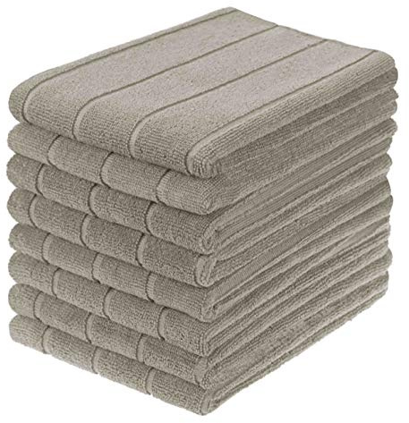 gryeer Microfibre Tea Towels, 50 x 70 cm, Pack of 8, Khaki | Super Absorbent, Extra Large, Thick, Stripe Designed Kitchen Towels