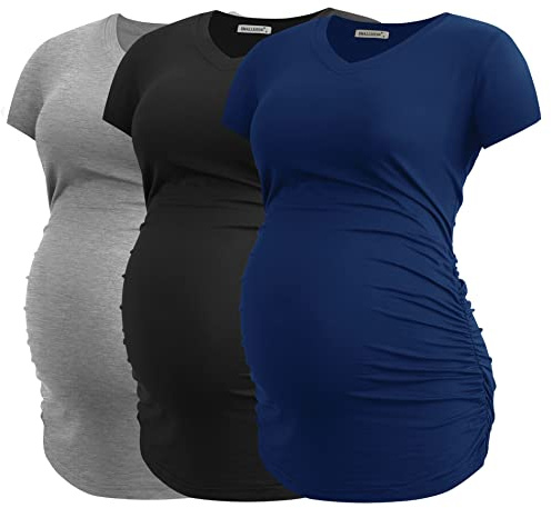 Smallshow kvinnors V hals graviditet kläder toppar sida Ruched graviditet T-shirt 3-pack,Black-Light Grey-Navy,XL