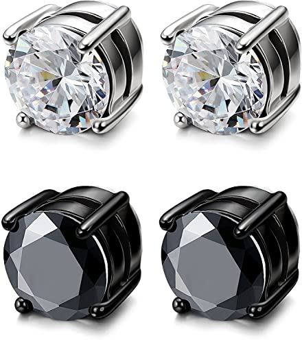 YZstyle 2 Pairs Stainless Steel Magnetic Stud Earrings for Men Women Non-piercing CZ Clip on CZ Earrings Hypoallergenic(Black + Silver)6MM-8MM (6MMBlack + Silver)