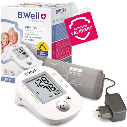 B.Well Swiss PRO-35 Tensiomètre Bras Automatique avec Adaptateur Secteur – Validation Clinique, Détection d’Arythmie, Technologie Intellect Classic, Mémoire 30 Mesures, Brassard Lavable 22-42 cm