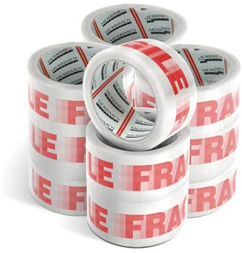 Merrimen Strong Heavy Duty Roll Pack Fragile Packaging Tape, Secure Sticky Sealing Tape for Parcel Boxes, Moving Boxes, Large Postal Bags for Long Term Storage, (48MM x 66M) (12 rolls, Fragile)
