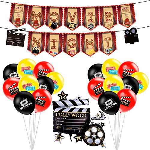 Filmnacht Ballon Dekorationen,Runder Folien Balloons,Latexballons mit Band Movie Night Filzbanner KuchenToppe,für Kino Film Thema Party Baby Shower Party Dekorationen