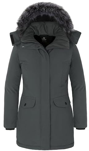 Wantdo Giacca Invernale Imbottita Calda Parka con Pelliccia Sintetica Esterno Giaccone da Lavoro Antivento Giacca Pesante Donna Grigio S