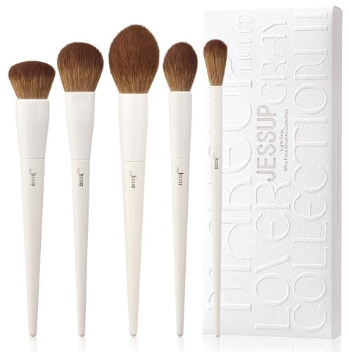 Jessup Pinceaux Maquillages Visage,Lot de 5 Pinceau Maquillage pour Visage,Pinceau Maquillage Doux Végétalien pour Fond de Teint,Blush,Bronzant, Contour,Surligneur,Poudre Moelleuse,Gris Clair T493
