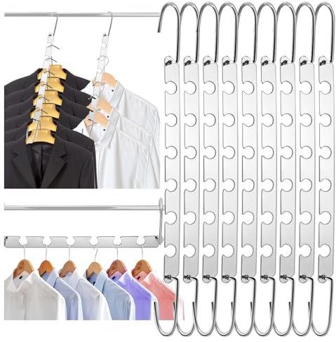 Kinmsito Metall platzsparende Raumsparbügel,10 Stück Kleiderbügel Platzsparend,Kleiderbügelhalter aus Metall,Magische Kleiderbügel Garderobe Organizer für Hosen Kleider,6 Löcher, 25cm lang