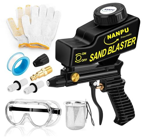 NANPU Leichtes Luft-Sandstrahlpistolen-Set mit Schwerkraftzufuhr, Keramikdüse, Metallkörper, für kleine Projektoberflächenvorbereitung, Farb- und Rostentfernung, Metall-/Holz-/Glasätzung, benötigt