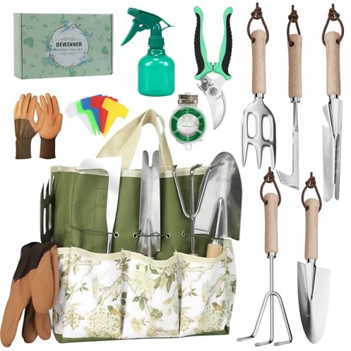 DEWINNER Set Di Attrezzi Da Giardinaggio, 12 Pezzi Kit Giardinaggio Con Manico in Legno Antiscivolo, In Acciaio Inox, Per Esterni Attrezzi Da Giardino, Strumenti Da Giardinaggio per Donne E Uomini