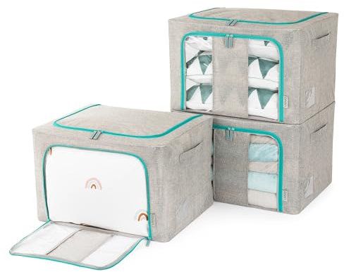 LIVIVO Set of 3 Foldable Fabric Storage Boxes with Steel Frame, 66L Capacity, Grey with Green Zip, Clear Windows, Label Holders, Ideal for Underbed and Wardrobe Organisation