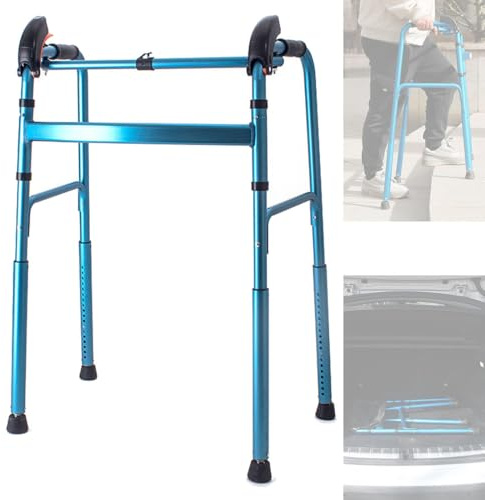 HAILM Aluminum Folding Lightweight Walker for Climbing Stairs Mobility Aid for Seniors Adjustable Height Walking Frame with Comfort Grip and Foot Pad (Blue)