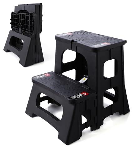 STOODER Folding 2-Step Stool - Upgraded Stable A-Frame, Safety Lock, Anti-Slip Rubber Feet, 300lb Capacity, No Assembly - 8 17 Step Stools for Kitchen, Bathroom, Bed, RV, Home, Office (Black)