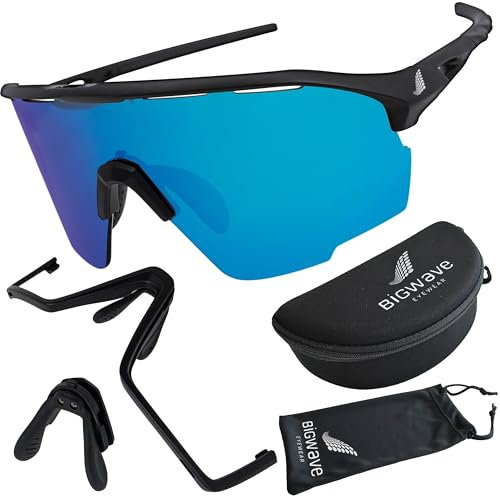BIGWAVE 906 Sportbrille Schnelle Brille Fahrradbrille Sonnenbrille für Damen und Herren UV400 mit blau verspiegeltem, polarisierten Gläsern im Shield-Design. Anti-Beschlags-Beschichtung