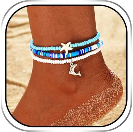 Handcess Boho Beaded Anklets White Starfish Ankle Bracelet Dolphin Anklet Bead Foot Jewelry for Women