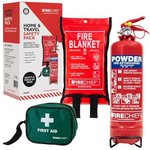 Firechief Travel Safety Kit - Home Fire Safety Pack - Caravan and Campervan Essentials - 1kg Powder Extinguisher Fire Blanket First Aid Kit - Car Essentials - Home & Travel Accessories Emergency Pack