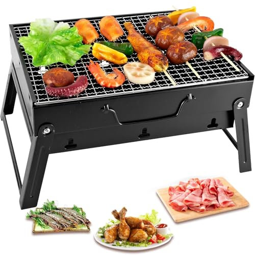 Barbacoa Portátil a carbón de acero Negra y rectangular con Parrilla, Plegable, Acero inoxidable, Camping accesorios, Acampada o Picnic, para Exterior, Terraza,43 x 29 x 23 cm