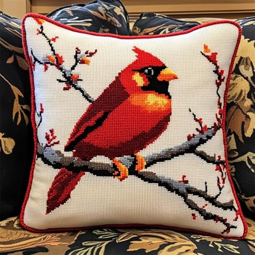 AxiangziK Kit Gancio di Chiusura per Cuscino Fai-da-Te,Uccello animale,uccello rosso su un ramo,Artigianato Facile da Imparare per Kit Tappeto con Gancio di Chiusura per Cuscino,43x43cm