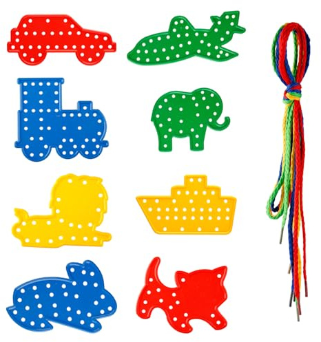 Tabanzhe Threading Board 8PCS Threading Board Set DIY Stringing Game Cards with Animals and Transport Shapes Early Learning Lacing Games