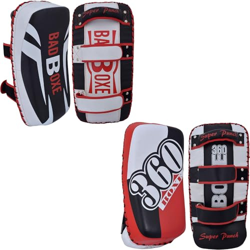 Lightweight Boxing Arm Pad Kick Shield | Genuine Leather Thai Pads | MMA Muay Thai Curved Pads | Martial Art Training Pads Boxing Striking Pads (Single) (Black/White - BADBOXE (Synthetic Leather))