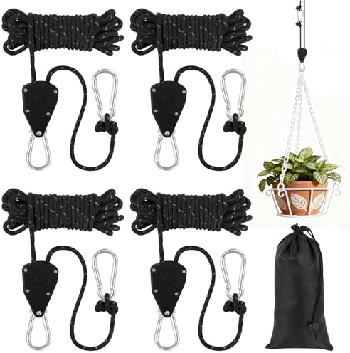 NUTKIT 4 Pack Tent Guy Ropes, 4 mm Ratchet Guy Ropes with Rope Tensioner, 4 M Portable Adjustable Fix Camping Rope, Tent Guide Guyline Ropes for Camping, Hiking, Awning, Grow Lights(with Storage Bag)