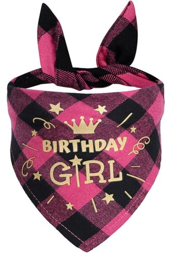 Bmeigo Dog Bandana for Birthday, Birthday Girl Golden Printed Pet Bandanas with Chequered Design Triangle Scarf for Medium Large Dogs Birthday Bandana Party Accessories (Rose, Fits to 25-42cm Neck)