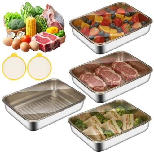 ZUYIST 4 Piezas Crisper para Frigorífico con Tapa,Recipientes para Alimentos Acero Inoxidable Reutilizables,Contenedor de Tocino para Refrigerador,Bandejas Hornar,Cajas de Almacenamiento para Carne