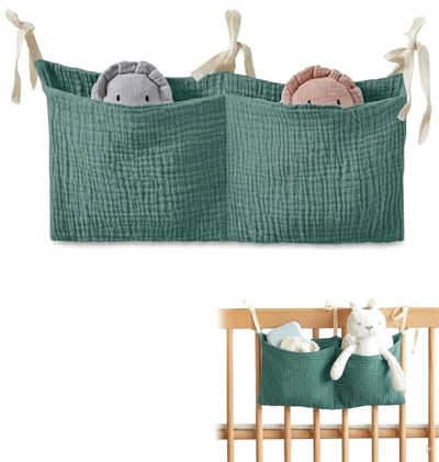 JEXOWIQ Organisateur de Lit Bébé Suspendu avec 2 Poches, Sac de Rangement pour Couches et Jouets, Pochette Lit Cabane en Tissu Respirant pour Stocker les Vêtements et Doudous