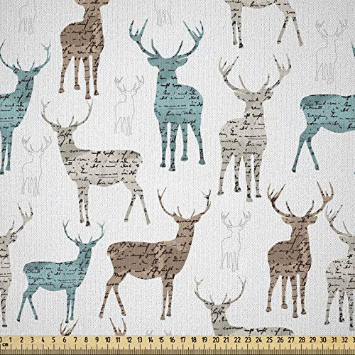 ABAKUHAUS Hirsch Stoff als Meterware, Alt Text Tiere Weihnachten, Microfaser Stoff für Dekoratives Basteln, 1M (230x100cm),Türkis Beige Braun