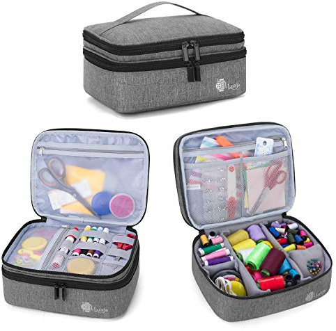 Luxja Bolsa para Kit de Costura, Doble Capa Organizador de Accesorios de Costura, Bolsa para Agujas, Hilo, Tijeras y Otras Materiales de Costura, Gris