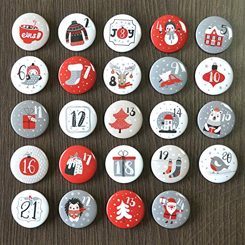 Calendario de Adviento con números (32 mm de diámetro), número 1 hasta 24 pegatinas, alfileres para calendarios de Navidad, manualidades, 24 números para manualidades, para enganchar a bolsas de yute