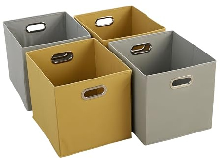 Home Source Cube Storage Boxes, Collapsible Fabric Storage Baskets, Foldable Canvas Organising Boxes, 4 Piece, 2 Grey, 2 Yellow