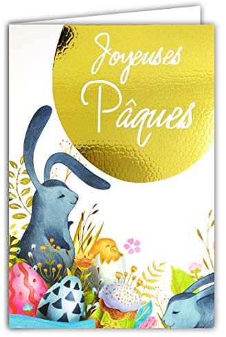 62-1015 Carte Joyeuses PÂQUES Lapins Poussin Jaune Coquille d'œuf en Or Doré Brillant - Avec enveloppe - Format fermé 115x170mm ; Fabrication Française ; Dessin ; Aquarelle ; Enfants ;