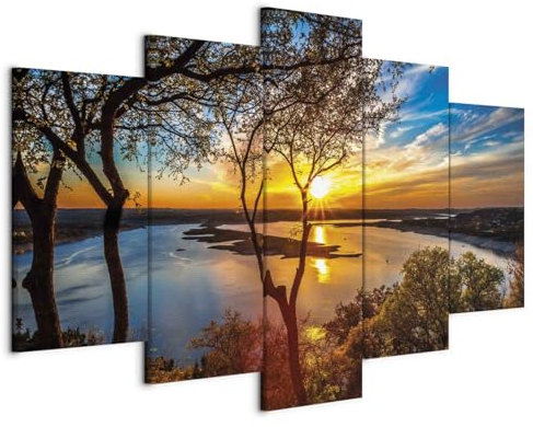 B&D XXL - Wandbilder XXL Landschaft Vlies Leinwandbild 5 tlg Kunstdruck Wandbilder Wohnzimmer Leinwand Moderne Wanddekoration Design Wand Bild - See Natur Sonnenuntergang Panorama c-B-0640-b-m