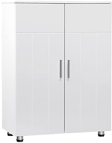 EUGAD Meuble Salle de Bain Placard sur Pied, Armoire d’Entrée avec 2 Portes, Étagères Réglables, 3 Compartiments en MDF Blanc