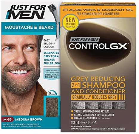 Just For Men Moustache and Beard Medium Brown Dye + Control GX Grey Reducing 2-in-1 Shampoo & Conditioner, New Improved Formula - All Shades, 118ml