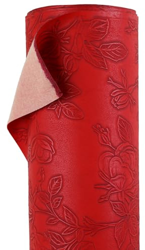 A-Express blommigt fusklädertyg - Präglat PU-vinylmaterial - 140 cm (55 tum) brett - 430 GSM per meter - texturerad blomma klädseltyg, gör-det-själv hantverksblad, handväska - röd 1 meter