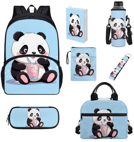 Chririnla Set di 7 zaini da scuola per bambini, zaino scolastico e portapranzo, astuccio, custodia per bottiglia d'acqua, custodia per libro, Panda, Zaino per bambini