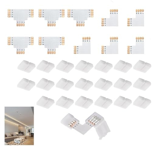 30 Piezas Kit de Conectores para Tiras LED de 10mm, 4 Pine Conectores Tiras Luces Incluye 20pcs Conectores sin Espacios 5 Conectores de L y 5 de T Kit de Conector de Tira LED Sin Soldadura