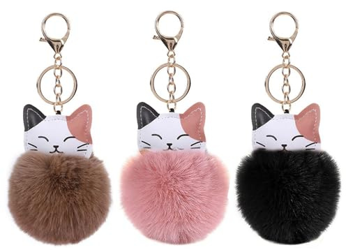 Portachiavi a Forma di Gatto Cartoni Animati - Set 3 Pezzi Palline Pelose, Decorativi e Carini