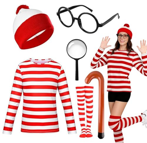 FCYQSD Wally Costume Outfit Set, Long Sleeve Red and White Stripe Top Beanie Hat Glasses Magnifying Glass for Halloween Christmas Party World Book Day (Women, XL)