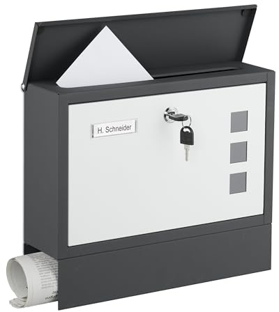 Relaxdays Briefkasten mit Sichtfenster, Metall, 4 Schlüssel, Mit Zeitungsfach, HxBxT: ca. 30 x 36 x 11 cm, zweifarbig