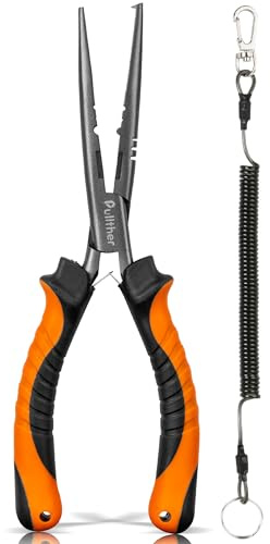pullther Needle Nose Fishing Pliers, Carbon Steel Fishing Hook Remover, Teflon Coated Split Ring Pliers with Lanyard, Fishing Multitool for Saltwater Freshwater