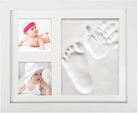 MOPLA Baby handavtryck och fotavtryck set – gipsavtryck baby avtryck set med trä bildram – personlig presentidé för nyfödda, babyshower & dop – avtrycksset baby hand och fot, vit