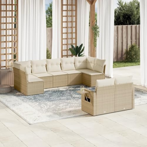 Set di 9 divani da giardino in polyrattan beige con cuscino, vano portaoggetti, tavoli pieghevoli, resistenti ai raggi UV, per terrazze, balconi, mobili da giardino