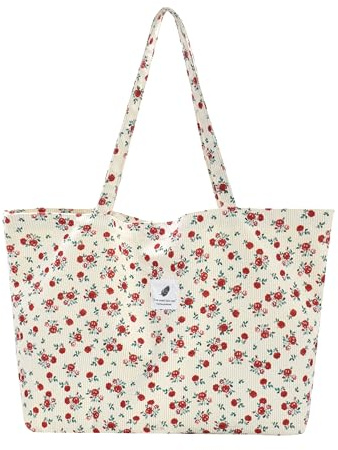 TeeYee Women's Corduroy Tote Bag Large 3 Snaps Shopper Floral Shoulder Bag Leisure Handbag beigeroseL