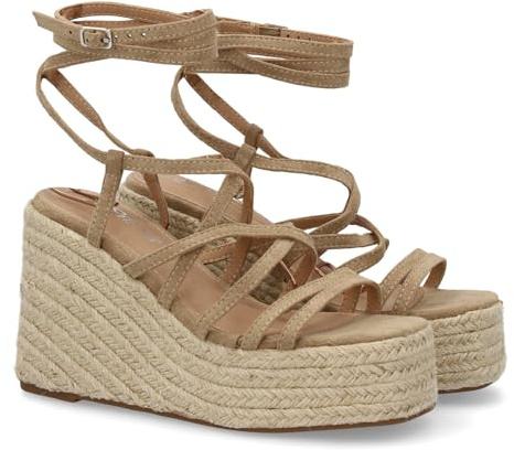 99881 Sandalias de cuna alta estilo romano con plataforma de yute trenzado. Cierre de cuerdas. Diseno de tiras finas envuelve el pie y se ajusta al tobillo. Ideal primavera verano. Kaki Talla 39