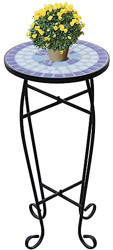 KGPWRCVD Table d'appoint en mosaïque bleue et blanche - 30 cm - Plateau en mosaïque céramique résistante aux intempéries - Table de jardin semi-ronde avec cadre en fer robuste pour collations et