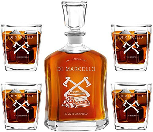 Maverton Set Decanter per Whisky in vetro - da 700 ml - incisione personalizzata - Caraffa + 4/6 bicchieri - idea regalo per il compleanno per l’ uomo - Il boscaiolo