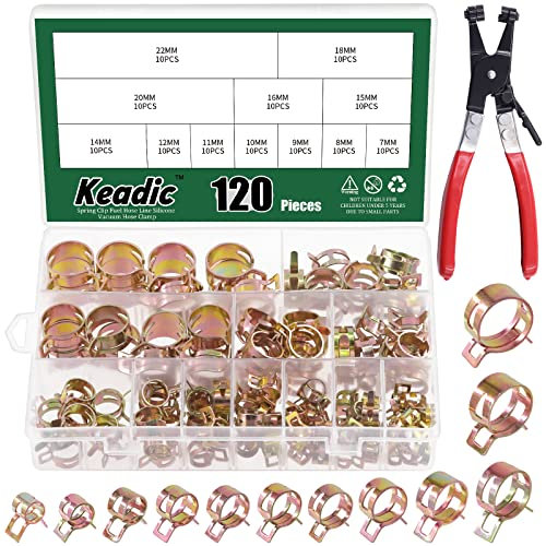 Keadic 121 Pcs 12 Sizes [6-22mm] Spring Hose Clamp Assortment Set with Swivel Flat Band Pliers for Fuel, Silicone, Vacuum, and Air Tube Clips Fasteners (Zinc Plated)