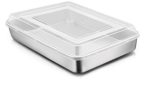 Joyfair Teglia da forno con coperchio, Set di teglie per torte in acciaio inox, 26,5x20x5cm, teglia rettangolare per la cottura e la conservazione, ideale per torte/brownie/lasagne